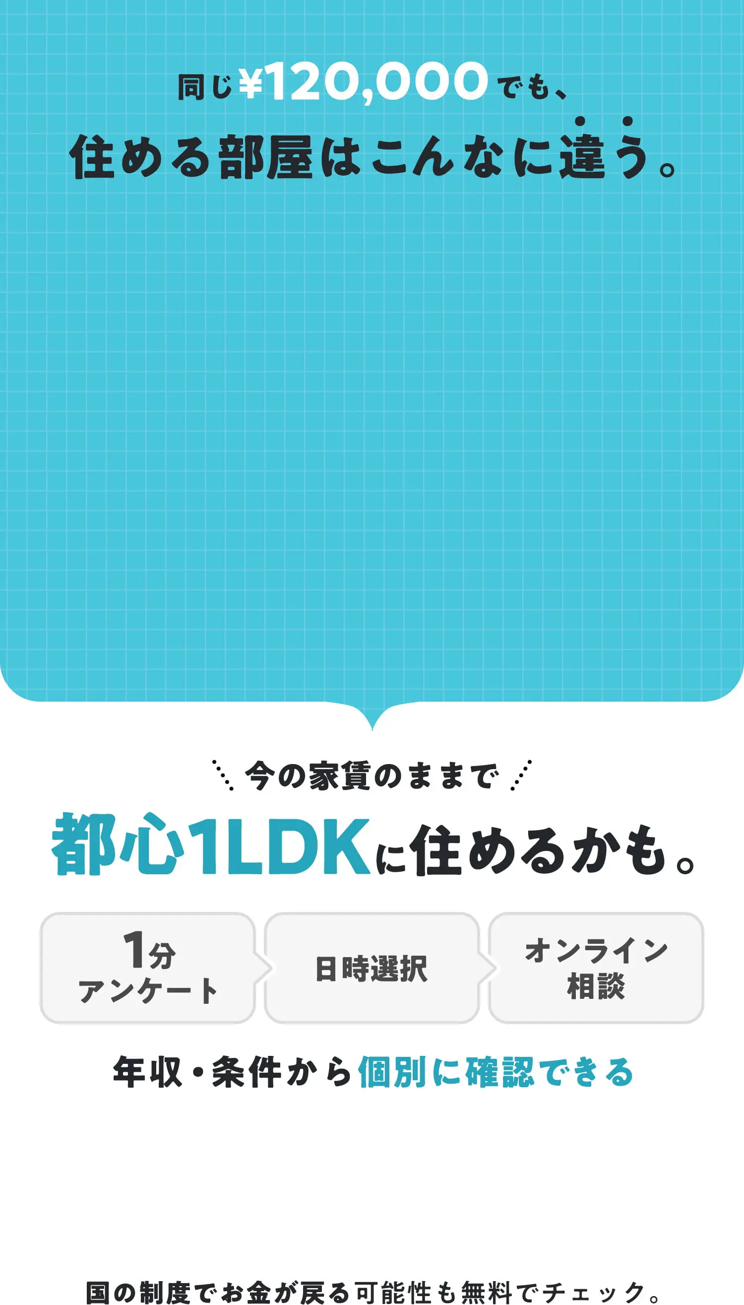 同じ¥120,000でも、住める部屋はこんなに違う。 今の家賃並みで都心1LDKに住めるかも。1分アンケート 日時選択 オンライン相談 年収・条件から個別に確認できる 国の制度でお金が戻る可能性も無料でチェック。